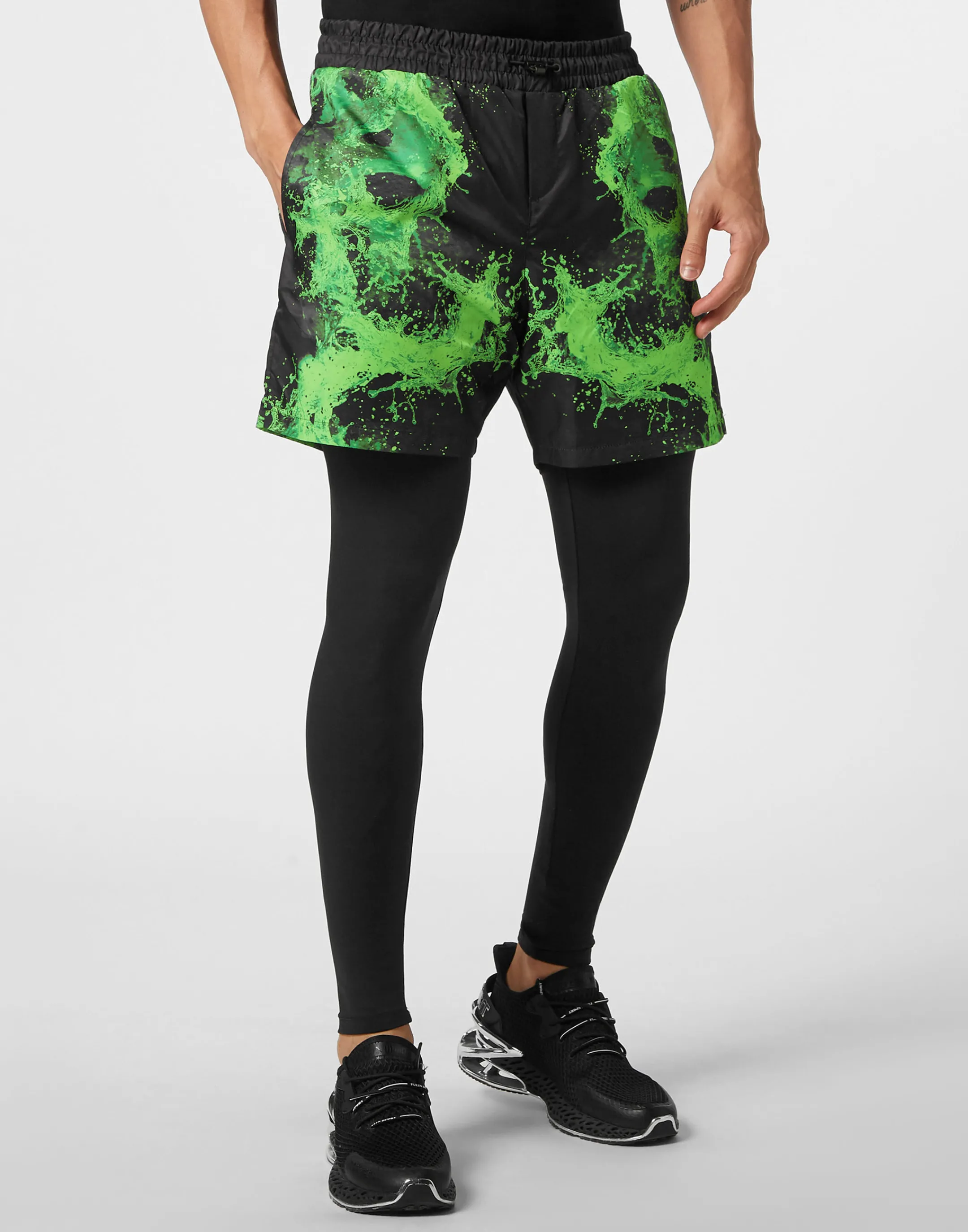Online Plein Sport Running Pants Splash Extreme Black+Green Fluo