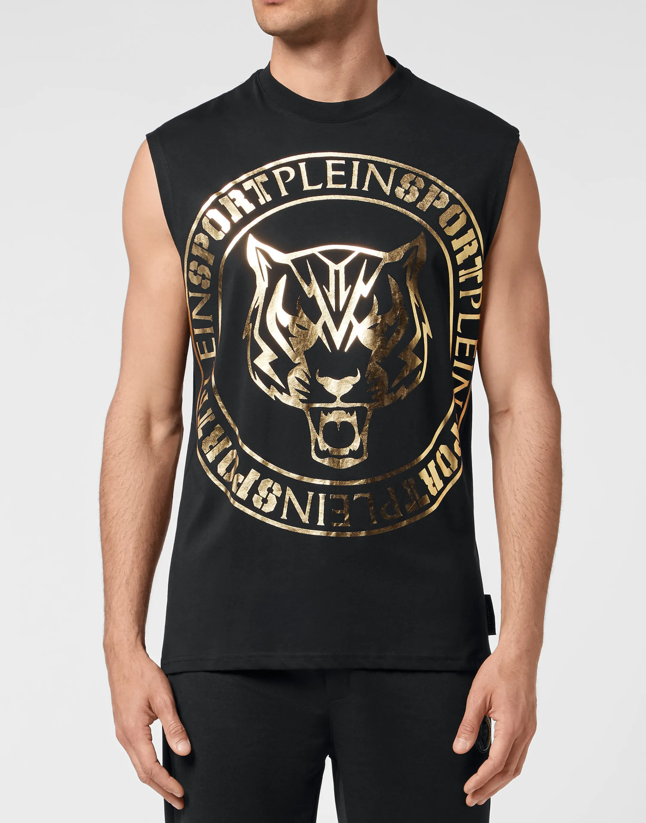 New Plein Sport T-Shirt Round Neck Sleeveless Statement Black / Gold